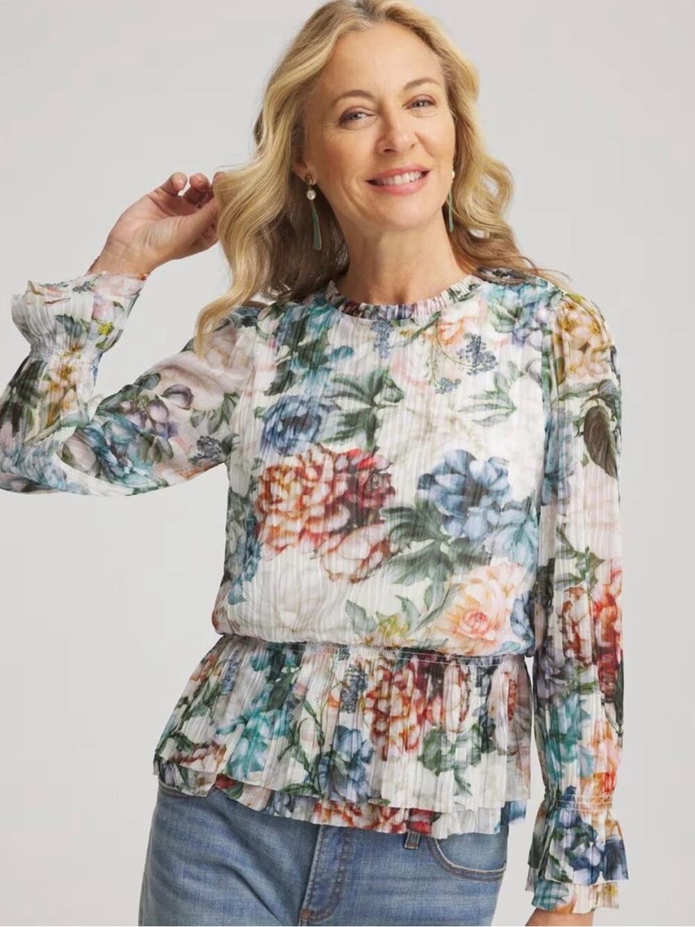 Chico's Rose Print Crinkle Top, Mesh, Size XXL